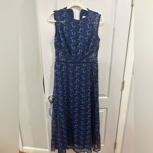 Blue lace mid length Monique Lhuiller size 12 dress/gown tailored to fit 8/10